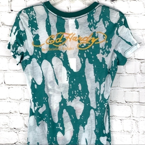 New-ed Hardy Black Rose Of Death Rhinestones BurnOut Sheer ShortSleeve Tee Shirt - Picture 8 of 13